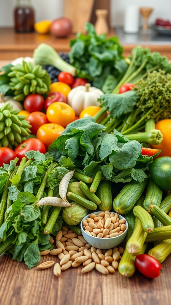 A colorful assortment of fresh fruits, vegetables, and legumes for a vegan grocery list.